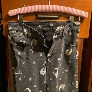 Black Mermaid Print Bell Bottoms, Size Small